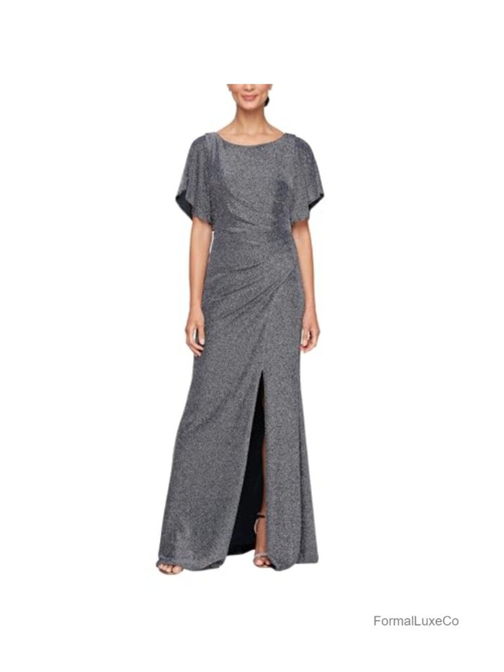 Metallic Ruched Flutter Sleeve Long Formal Gown with Side Slit